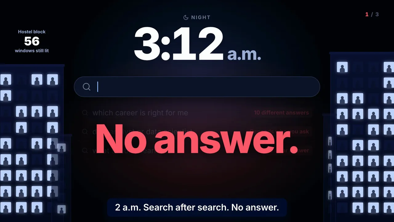 Still from the guidix.ai career coach film: 3:12 a.m., search after search, no answer.