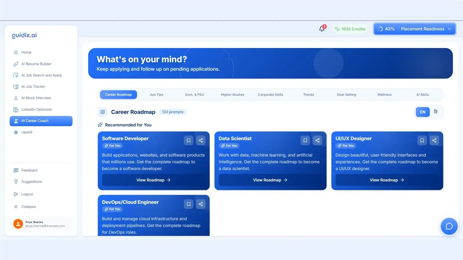 Guidix.ai Career Coach dashboard