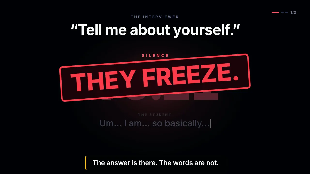 Still from the guidix.ai mock interview film: the interviewer asks "Tell me about yourself" and students freeze.